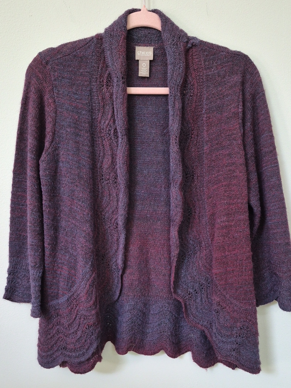 Chico's Sweater Womens 0 Purple Shawl Open Front Alpaca Crochet Cardigan Office